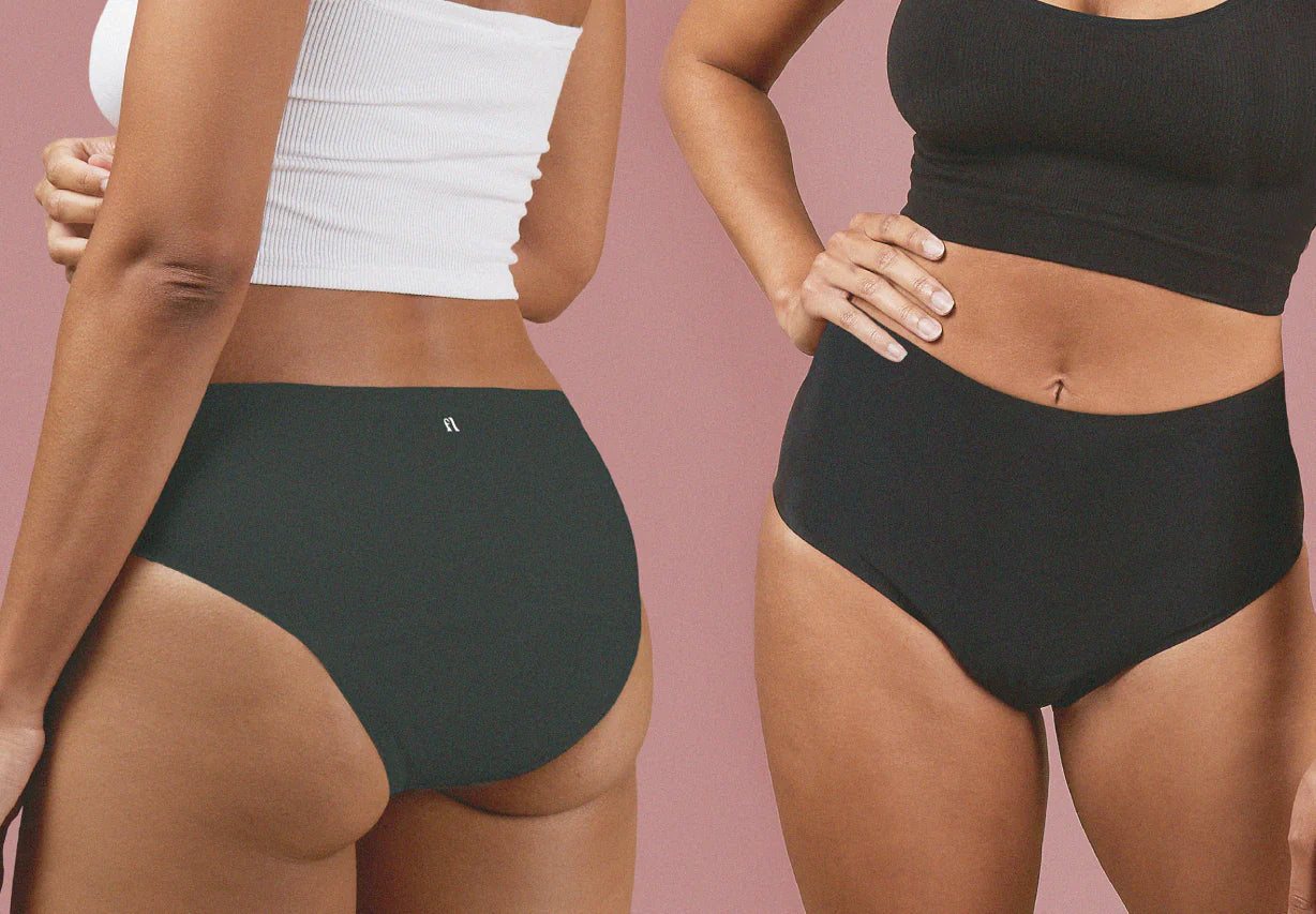 Close-up of two women wearing period pants, showcasing the comfort and style of menstrual underwear.